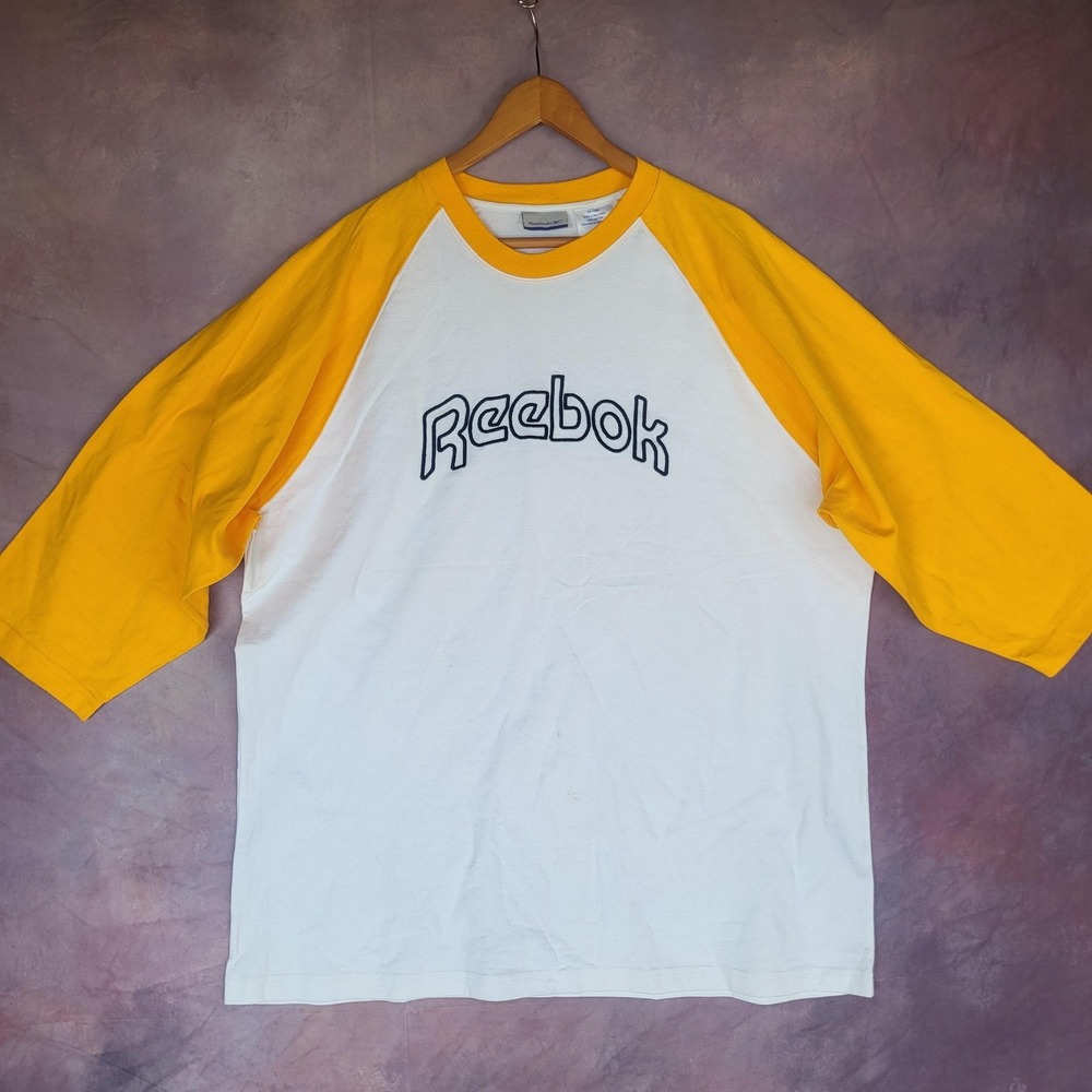 Reebok T-Shirt Mens Size 2XL White Yellow 3/4 Sleeve Ringer Logo Color block Tee